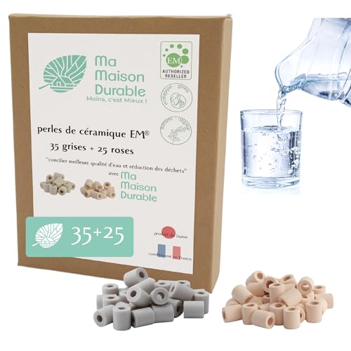 Ma Maison Durable | X60 Perlas de Cerámica EM® | Pack 35 Grises + 25 Rosas | Filtro Purificador Natural Agua del Grifo | Bolas Filtración Natural Cloro Calcáreo | Para Jarra, Botella y Fuente