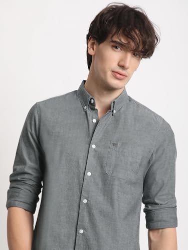 Image of THE BEAR HOUSE Men's Grey Solid Slim Fit Cotton Casual Shirt