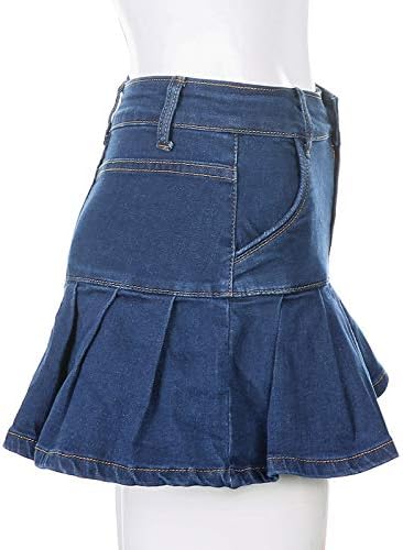 Miniatura 4 de Sexy caliente cintura alta plisada cremallera faldas Y2K flaco azul faldas mujeres patchwork plisado denim mini falda con cadena