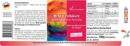 Vitamintrend Vitamin B-12 + Folsäure sublingual mit Acerola, 180 Tabletten, hochdosiert mit 500µg Vitamin B12, Nahrungsergänzungsmittel vegan ohne Magnesiumstearat, in Deutschland hergestellt