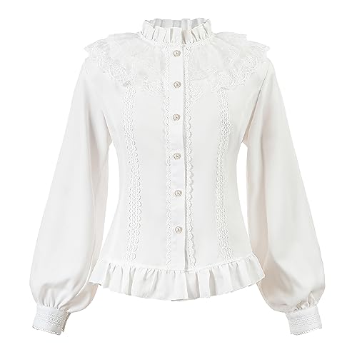 CR ROLECOS Women Victorian Blouse High Collar Lace Ruffled Shirt Tops