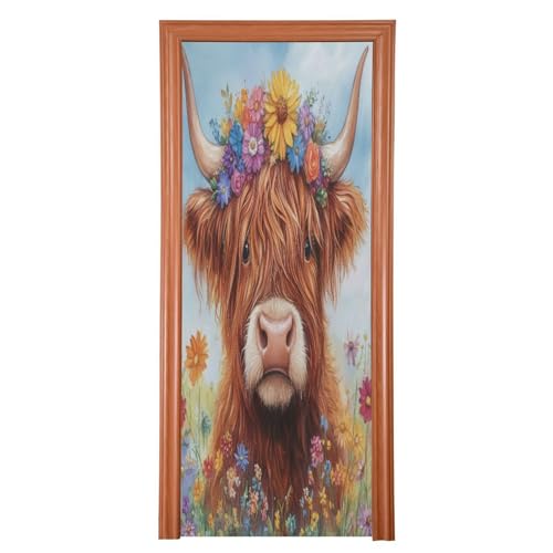 FLildon Highland Calf with Flowers Door Cover Decoration, Party Accessory Porch Decor for Festive Ornament Room Door Covers 32 x 79 Inch
