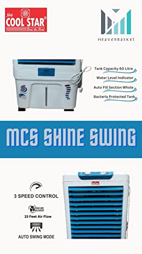 Image of My Cool Star Desert Air Cooler- 60L: with 18 Watts Everlast Pump,High speed Aluminium One Ten Motor,ABS Blade,3-Way Air Deflection and High Density Honeycomb pads: Blue & White
