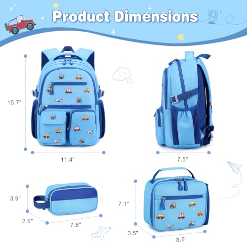 Image of DIGOBAY Backpack for Boys 6-8, 3PCS Embroidery Toddler Boys Backpack with Lunch Bag Pencil Case, 15.7 inch Kids School Bookbag for Preschool Kindergarten Elementary Daycare Backpacks, Blue Car