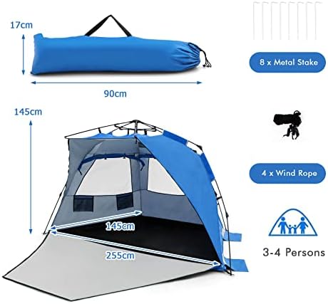 TANGZON 3-4 Person Pop up Beach Tent, Foldable UPF 50+ Beach Sun Shelter with Carry Bag, Outdoor Waterproof & Windproof Sun Shade Tent for Camping, Traveling, Picnic and Hiking