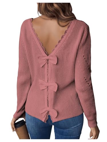 SOLY HUX Women's Sweaters Lace Bow Back Long Sleeve V Neck Pullover Casual Jumper Tops