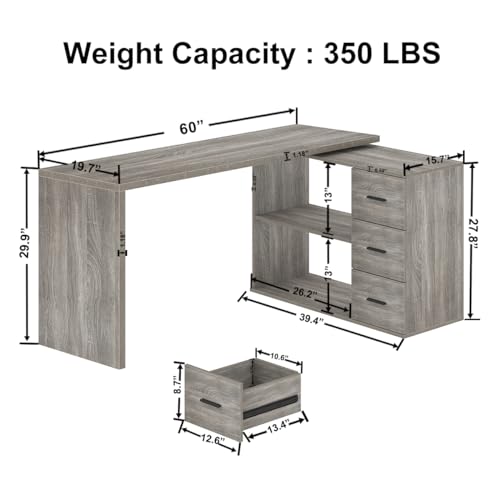Image of HSH Grey L Shaped Computer Corner Desk with 3 Storage Drawers 60 inch | Reversible Home Office Corner Desk with 2 Open Side Shelves Modern Wood Executive L Desks for Bedroom,Study Workstation