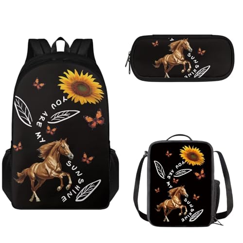 Set 3 in 1 zaino da viaggio con doppia cerniera di grande capacità per bambini ragazze ragazzi da borsa termica per il pranzo astuccio per matite Girasole Cavallo