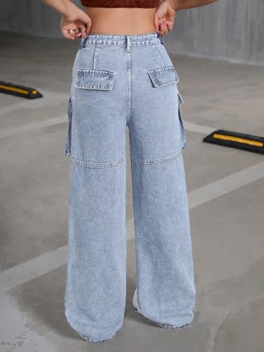 Image of GRECIILOOKS Women's Stretch Denim Wide Leg Jeans | Comfort Fit, Straight Cut, Casual Style | Baggy Cargo Style Casual Pants