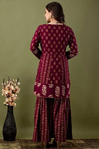 KUROCK Pakistani Kurti Sharara Set For Women's Rayon Mix Cotton Tunic Dupatta Set Indian Summer Dress (Wine)3