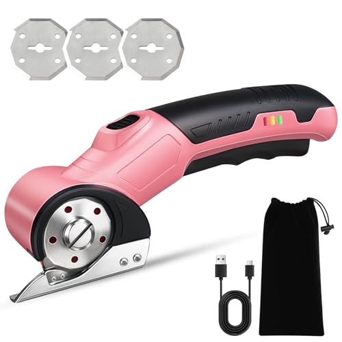 Kartonschneider Elektrisch,Elektrische Schere mit 3 Klinges,Akku-Universalschneider 320 Hüben/Min für Papier, Pappe, Teppich, Leder, Filz, Kunststoff (Rosa）