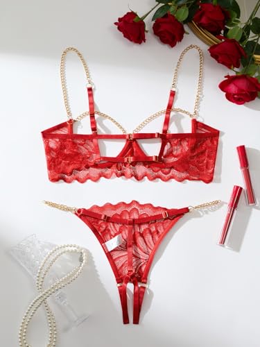 Image of Lilosy Sexy Underwire Floral Lace Sheer Lingerie Set for Women See Through Bra and Panty 2 Piece