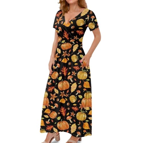 Image of Women's Fall Summer Short Sleeve Ankle Length V-Neck Party Dress with Pockets Size S-3XL