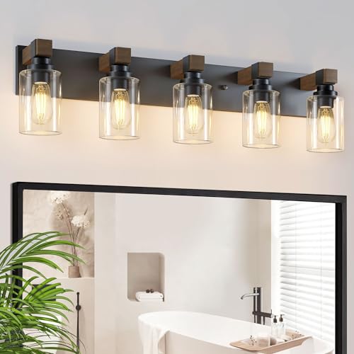 Image of Farmhouse Bathroom Vanity Light Fixtures, Rustic 5-Light Wood Vanity Lights for Bathroom, Vintage Black Wall Sconces Lighting, Light fixtures Over Mirror, with Glass Shade