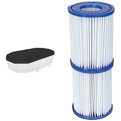 Bestway Abdeckplane 418X230 Cm, Flowclear Lona De Pvc Gris, Para Piscina Power Steel Oval + Set De Dos Filtros De Agua Tipo Ii Para Depuradora