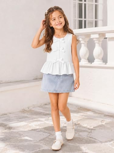 Image of Girls Sleeveless Tank Tops Striped Shirts Peplum Babydoll Top | Bowknot Summer Blouse for Beach Vacation
