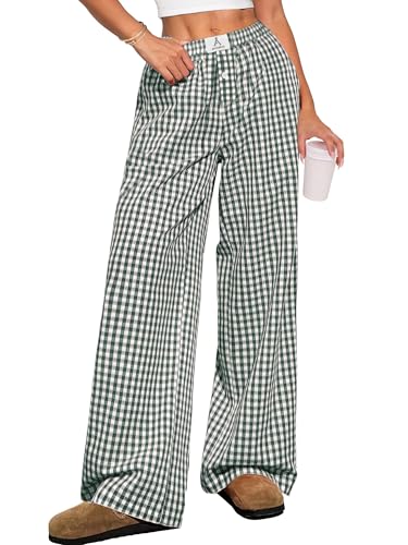 Image of ANRABESS Womens Gingham Striped Boxer Pants | 2026 Fall Outfits,Wide Leg Elastic Waist with Pockets,Casual Lounge Pajama Bottoms,Lightweight Breathable,Fashion Clothing
