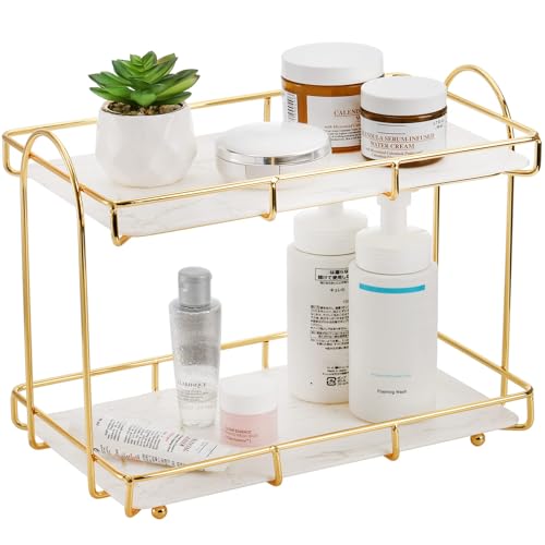 Estante de baño de gran capacidad de metal dorado de 2 niveles para perfumes y artículos de tocador, elegante estante de pie para armario y almacenamiento en el suelo