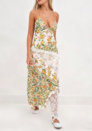 Image of Women Y2k Floral Smocked Maxi Dress Bow Tie Shoulder Tiered Ruffle Midi Sun Dress Boho Casual Beach Long Dresses