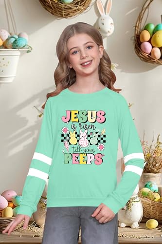 Image of LAZYCHILD Kids Easter Shirt Girls Happy Easter Shirts Rabbit Graphic Long Sleeve Striped Tee Tops 5-14 Years