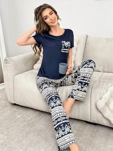 Image of TAGAS Women's Looper Fabric Night Suit Set - Soft Short Sleeve Printed Top with Floral Pajama Pants - Breathable Lightweight 2-Piece Sleepwear & Loungewear Set for Ladies
