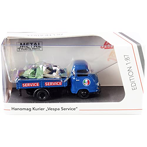 Schuco Hanomag Kurier Transporter Vespa Service Blue con 2 Vespas 1:87 miniatura 1