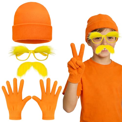 4Pcs Orange Cosutme Accessory Set Including Orange Beanie Cap Gloves Yellow Eyebrow Glasses Mustaches Book Character Costume for World Book Day Halloween Cosplay Party Supplies