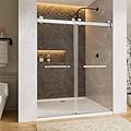 Frameless Shower Door, 56–60" W x 76" H, Double Sliding Glass Door for Walk-in Shower Enclosure, Brushed Nickel Stainless Steel Components, 5/16" (8mm) Tempered Glass with Towel Bar