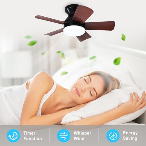 Image of Depuley Modern Ceiling Fan with Light: 25-Inch Black Small Fans for Bedroom Indoor Outdoor - Dimmable Low Profile Ceiling Fans with Remote Control Flush Mount 5 Reversible Walnut Blades 6 Speeds Timer