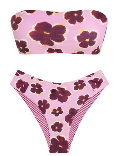 Image of ZAFUL Women's High Cut Bandeau Bikini Set Strapless Solid Color 2 Pieces Bathing Suit Swimsuit
