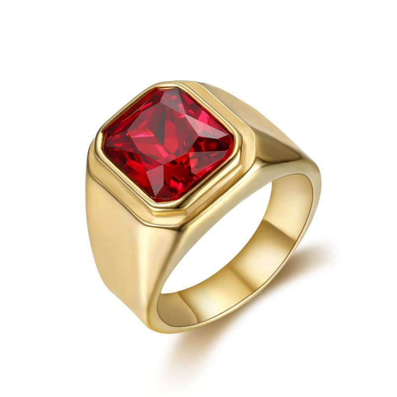 BOBIJOO Jewelry - Bague Chevalière Homme Cabochon Carré Acier INOX Doré Or Fin Plaqué Faux Rubis - 63 (10 US)