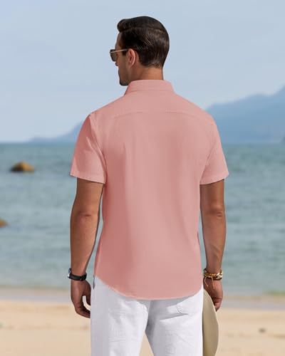 Image of J.VER Mens Linen Shirt Short Sleeve Button Down Casual Summer Shirts | Cotton Linen, Untucked, Big Tall, from Beach Camp Vacation, Cruise Fishing, Work Office, to Wedding Party Family, with Pocket