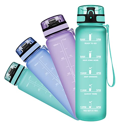 Grsta Sports Water Bottle, 500ml/1L/1.5L Drink Bottles with Time Marker & Filter One Click Flip Lid BPA Free Tritan Plastic Sports Water Cup for Kids, Gym, Hiking, Bicycle
