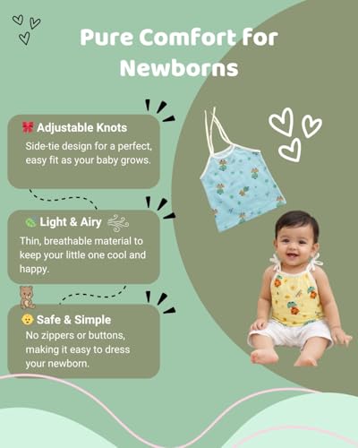 Image of Little Angels Baby Organic Cotton Tie-Knot Sleeveless Jhabla Vest Set | Pack of 4 | Soft & Breathable Printed Tops for Newborn & Infant Girls (0-12 Months)