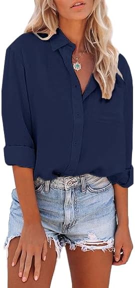 Womens Button Down Shirts Long Sleeve Dress Linen Shirts Casual Collared Cotton Button Up Blouses Oversized Tops with Pockets - Image 4