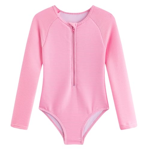 LIZENS Girls' Long Sleeve Swimwear Kids Bathing Suit with Silver Strip Beach one-Piece swimuit