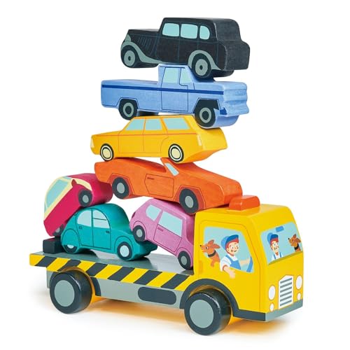 Image of Tender Leaf Toys - Stacking Cars - 7 Wooden Stacking Toy Cars and a Wheeled Truck for Toddler Boys and Girls - Boost Fine Motor Skills and Hand-Eye Coordination - Great Gift for Car Lovers - Age 18m+