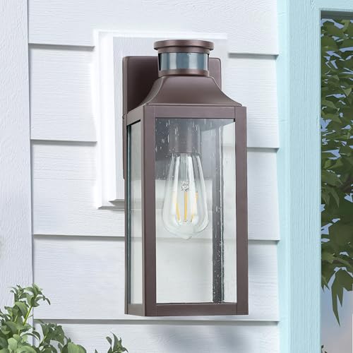 Image of MICSIU 12.75 inch Bronze Motion Sensor Traditional Outdoor Light Fixture 1 Pack | Dusk to Dawn Outside Wall Sconce with Clear Seedy Glass, 3 Modes Farm Porch Light for House Garage Deck