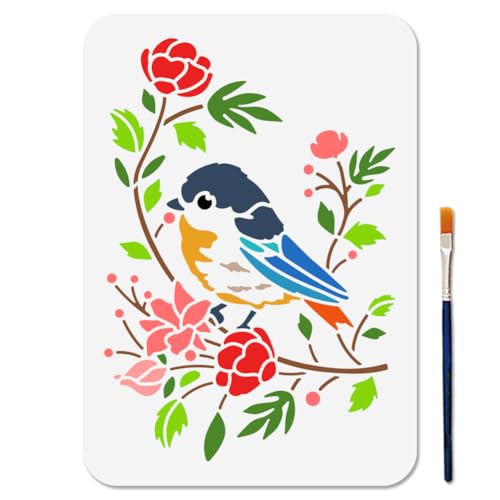 MAYJOYDIY Pochoir de Branche D'Oiseau modèle de Peinture D'Oiseau de Feuille de Fleur avec Pinceau 29.7x21cm Modèle D'Art Botanique Animal Pochoir...