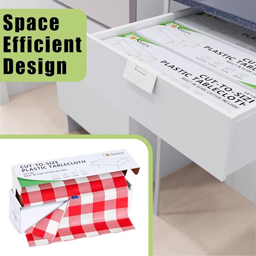 Smiry 54 Inch x 100 Feet Disposable Table Cover Roll, Red & White Plastic Table Cloth in Cut-to-Size Box with Slide Cutter, Waterproof Rectangle Tablecloths for Weddings, Banquets, Outdoor by Smiry - Used condition - Image 5