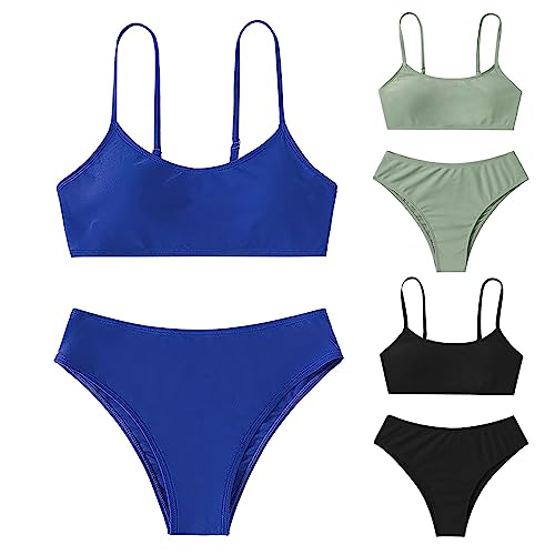 Girls Swimsuits Bikini Set Adjustable Straps Two Piece Solid Color Swimwear with Chest Pad Beach Clothes