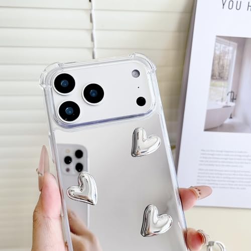 Coque miroir iPhone 17 Pro Max antichoc en silicone transparent avec cœur argenté - 2