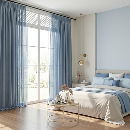 MYSKY HOME Vorhänge Leinenoptik Gardine Wohnzimmer mit Kräuselband Halbtransparent Vorhang 2er Set H 160 x B 140 cm Natürlicher Stil Gardinen Linen Curtains, Dunkelblau