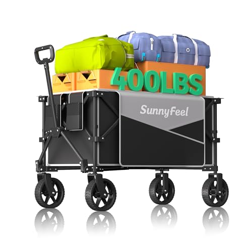 SunnyFeel Heavy Duty Collapsible Outdoor Utility Wagon Cart 400LB Capacity Adjustable Handlebar,Foldable Beach Wheels Stable Durable Oxford Fabric for Shopping Garden Camping (Black & Grey)