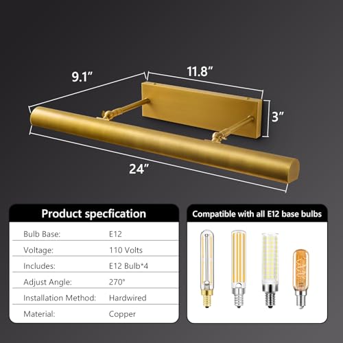 Image of 24 inch Hardwired Picture Light for Wall Brass Picture Art Gallery Light, Dimmable Library Light, 270 Picture Frame Light Art Deco for Museum,Library,Living Room,Bedroom