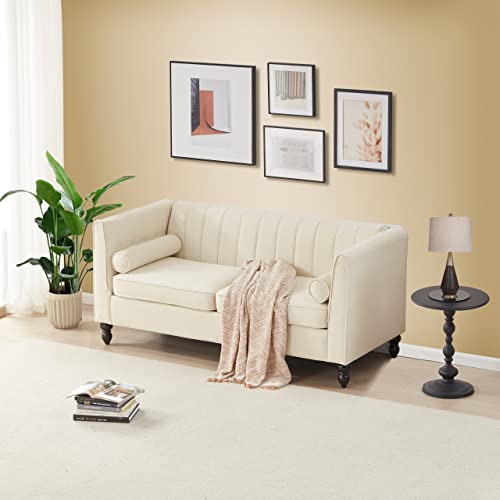 Iroomy Linen Loveseat Sofa For Living Room, 67" Mid Century Modern Couch For Small Spaces Bedroom With 2 Bolster Pillows, Upholstered Love Seat Furniture With Thick Cushion And Wood Frame, Beige #TOP6