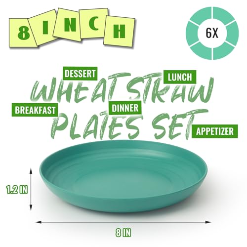 Image of 8 Inch Wheat Straw Plates Set of 6, Reusable Plastic Plates, Green | Unbreakable and Lightweight Small Dinner Plates for Appetizer, Dessert, Cream