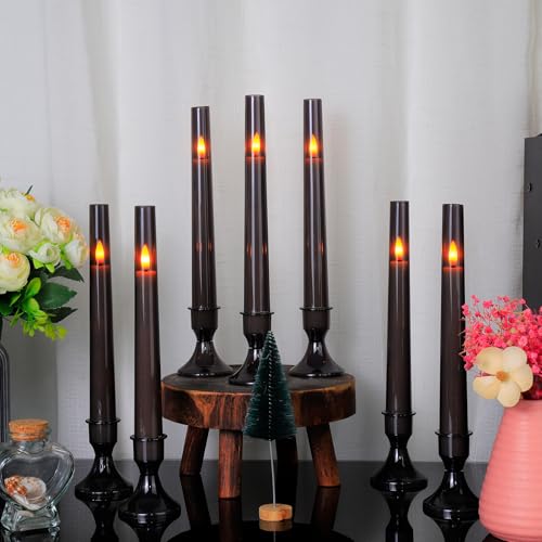Comenzar 12PC Flameless Taper Candles - LED Fake Candles with Timer, Flickering Design with Base, Perfect for Home, Windows, Weddings, Parties(Gray)