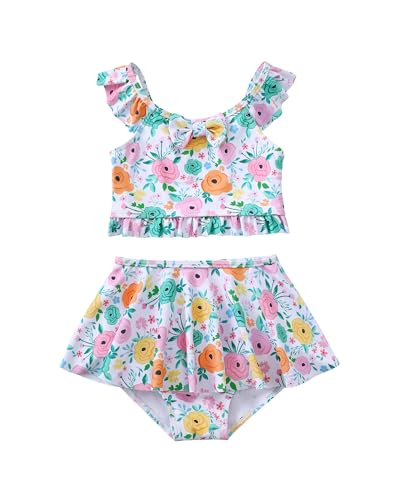 Image of Saeaby Toddler Little Girls Swimsuit Summer Halter Ruched Tankini 2 Piece Bathing Suit for Girl Beach Swimwear 3-8Y