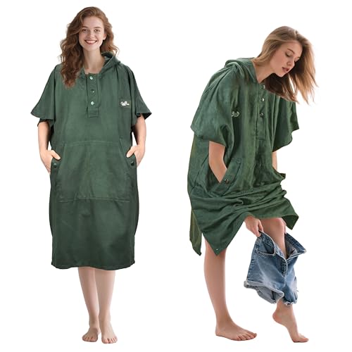 Tirrinia Hooded Surf Poncho Changing Towel Summer Swim Robe with Pocket Quick Dry Towel Hoodie for Surfing Swimming Diving Men Women Green